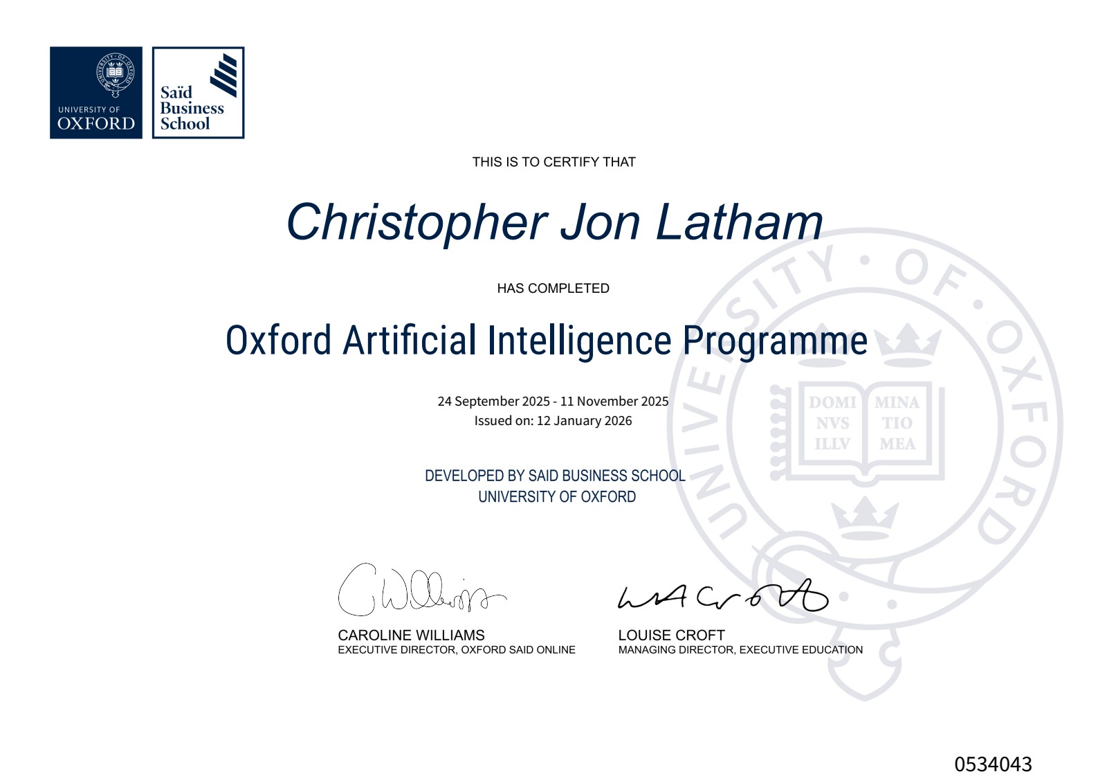Chris Latham, Oxford AI Programme certificate, Said Business School